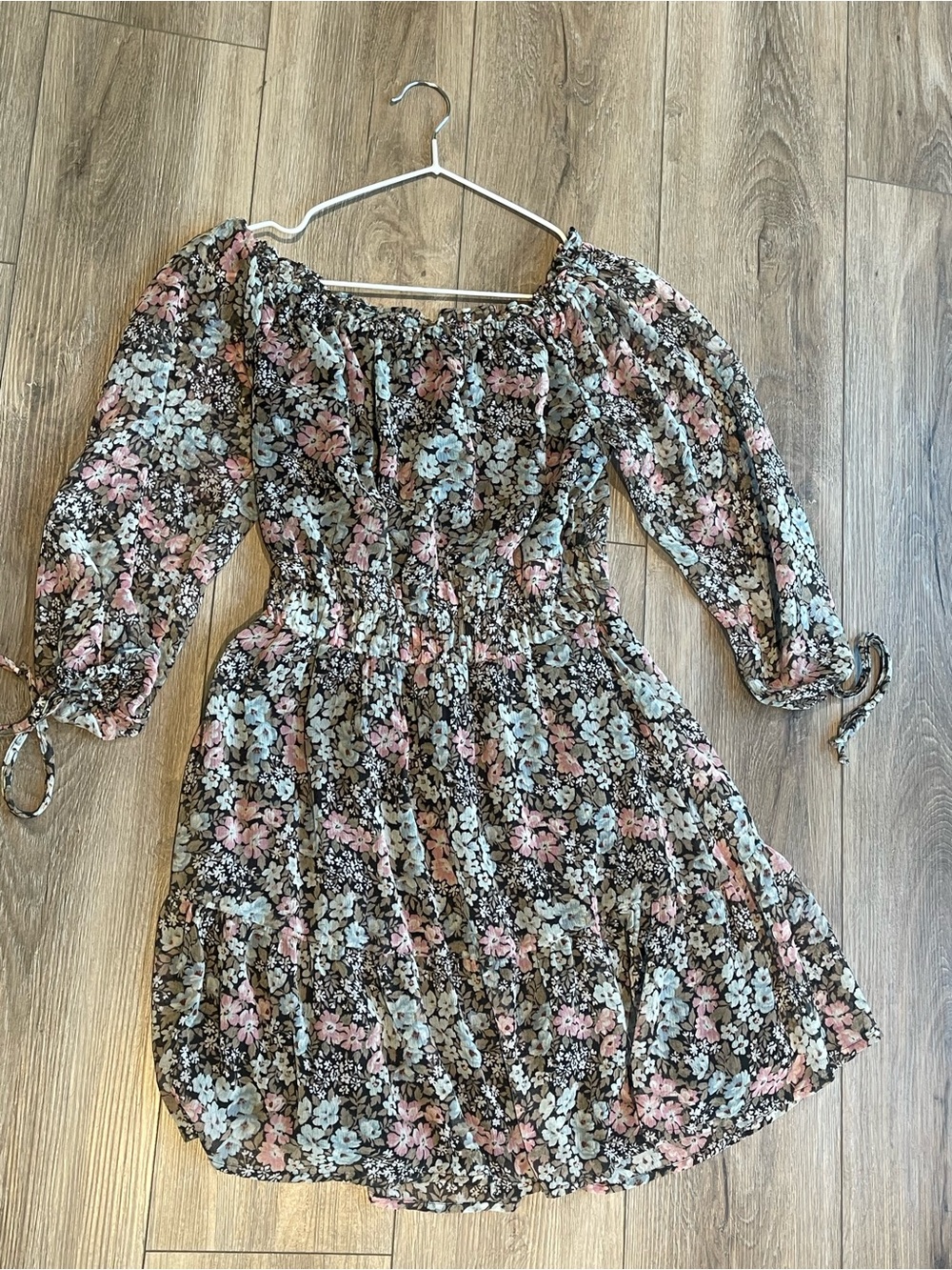 American Eagle Floral Off-Shoulder Tiered Sundress in Pink and Black
